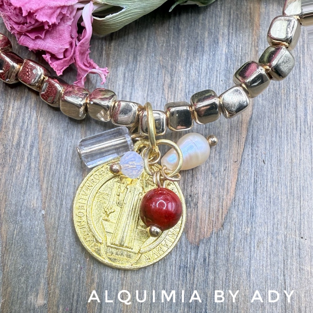 Gold Saint Benedict charm tassel coral and pearl with opals dainty bracelet - Picture 2 of 3